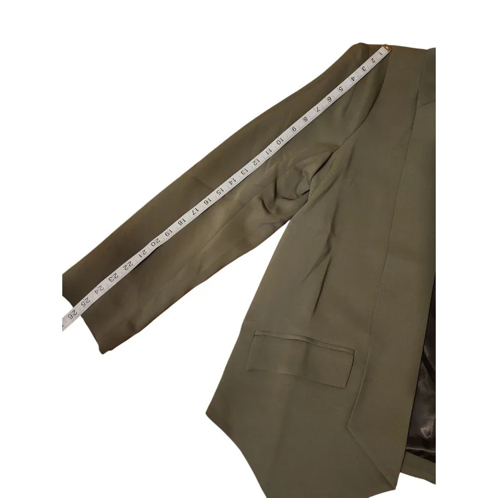 Quince Open Front Blazer Womens L Stretch Crepe Olive Office Career Shark Hem - Picture 11 of 11